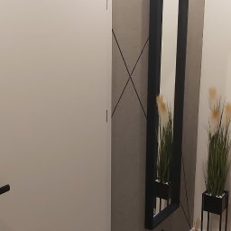 Łukasz Mikitów - Nowoczesne wnętrze: białe drzwi z czarną klamką, szara ściana z geometrycznym wzorem, wysokie lustro w czarnej ramie odbijające rośliny, drewniana podłoga.