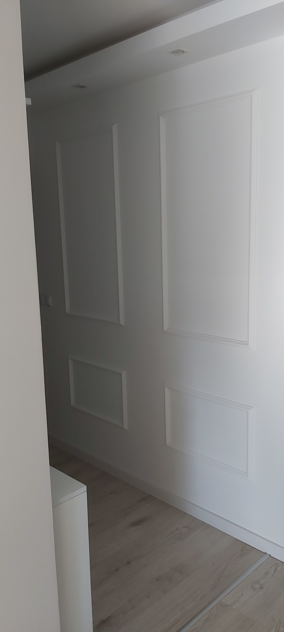 Białe ściany z dekoracyjnymi panelami w kształcie prostokątów, jasna podłoga imitująca drewno, minimalistyczne wnętrze.