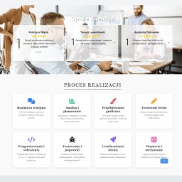 Web Kraft - Sekcja strony internetowej prezentująca opinie klientów oraz proces realizacji, z ikonami i krótkimi opisami etapów, takich jak rozmowa wstępna, analiza i planowanie, projektowanie graficzne...