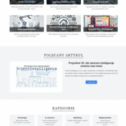 Fragment strony internetowej bloga o tematyce biznesowej i technologicznej, z widocznymi artykułami o trendach IT, cyberbezpieczeństwie, e-commerce, automatyzacji biznesu i sztucznej inteligencji...