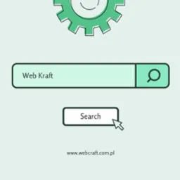 Ilustracja przedstawia graficzny interfejs wyszukiwarki z polem tekstowym 'Web Kraft', ikoną lupy i przyciskiem 'Search', zwieńczony schematycznym kołem zębatym, na jasnym tle z adresem strony...