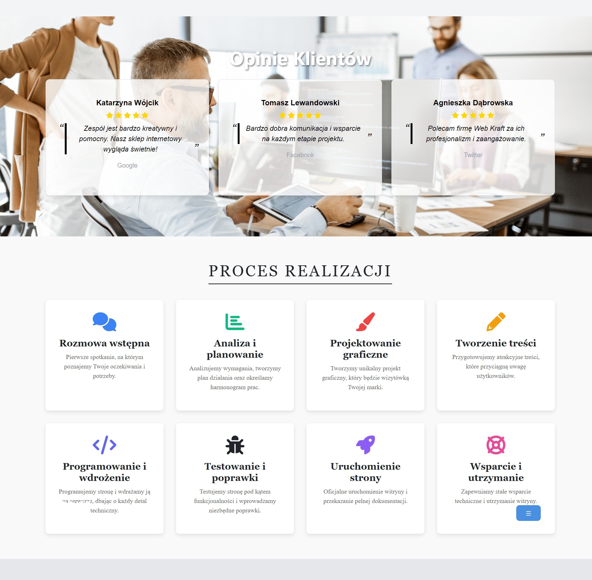 Sekcja strony internetowej prezentująca opinie klientów oraz proces realizacji, z ikonami i krótkimi opisami etapów, takich jak rozmowa wstępna, analiza i planowanie, projektowanie graficzne...