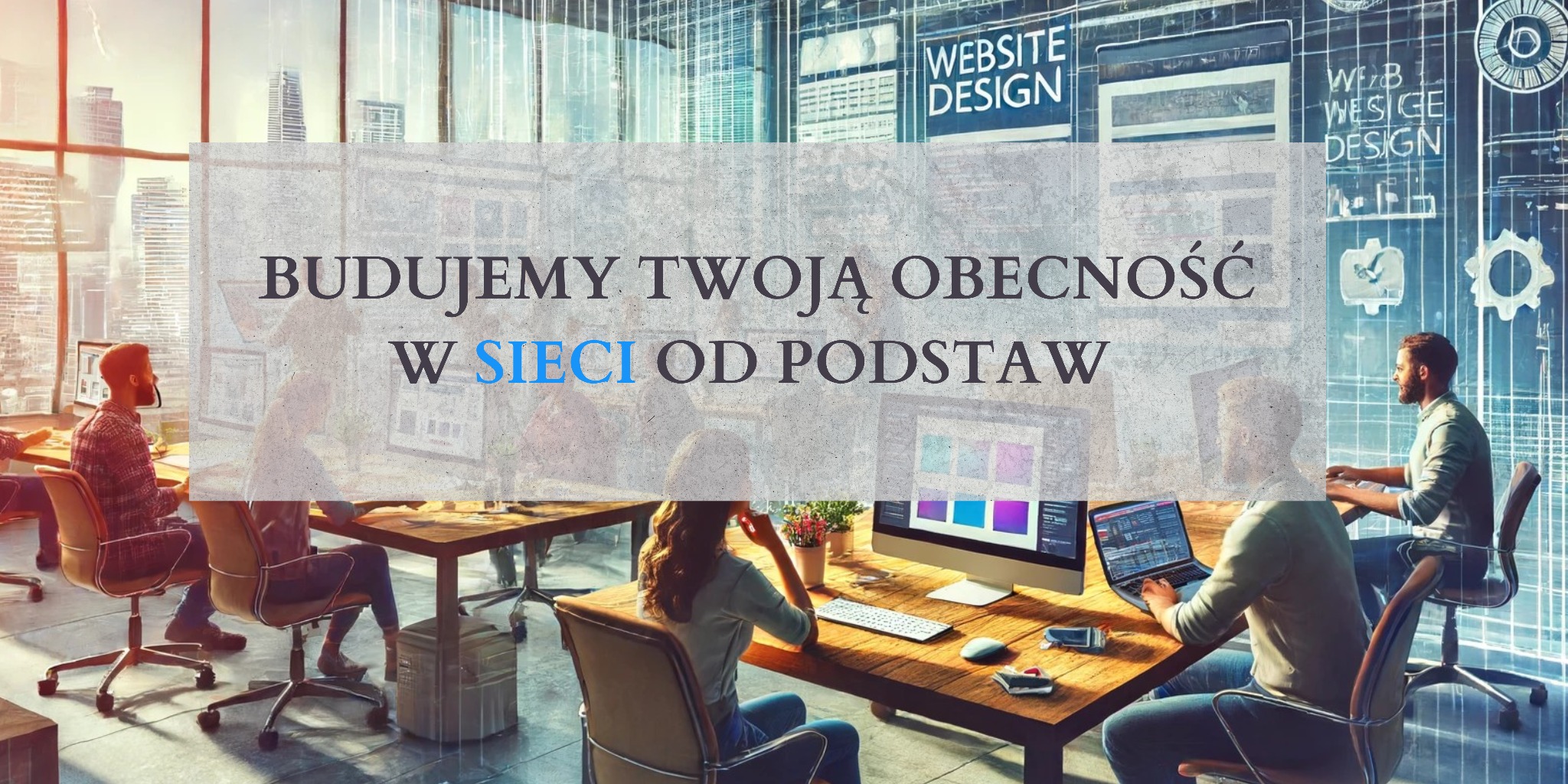 Zespół w biurze pracuje nad projektem strony internetowej, widoczne ekrany z kodem i projektami graficznymi, na pierwszym planie napis 'Budujemy Twoją obecność w sieci od podstaw'.