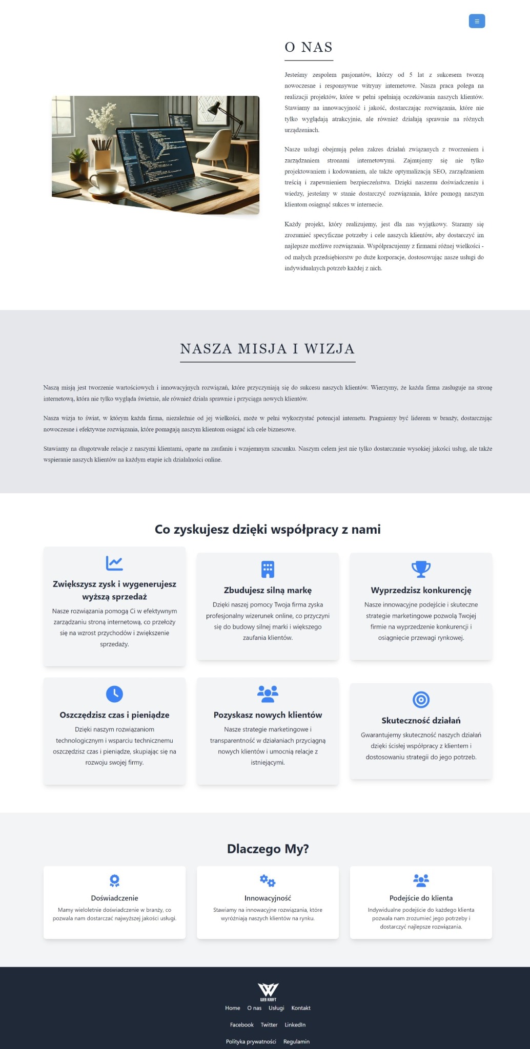 Laptop z otwartym edytorem kodu na biurku w nowoczesnym biurze, obok filiżanka kawy i roślina doniczkowa, w tle białe krzesło i okno.