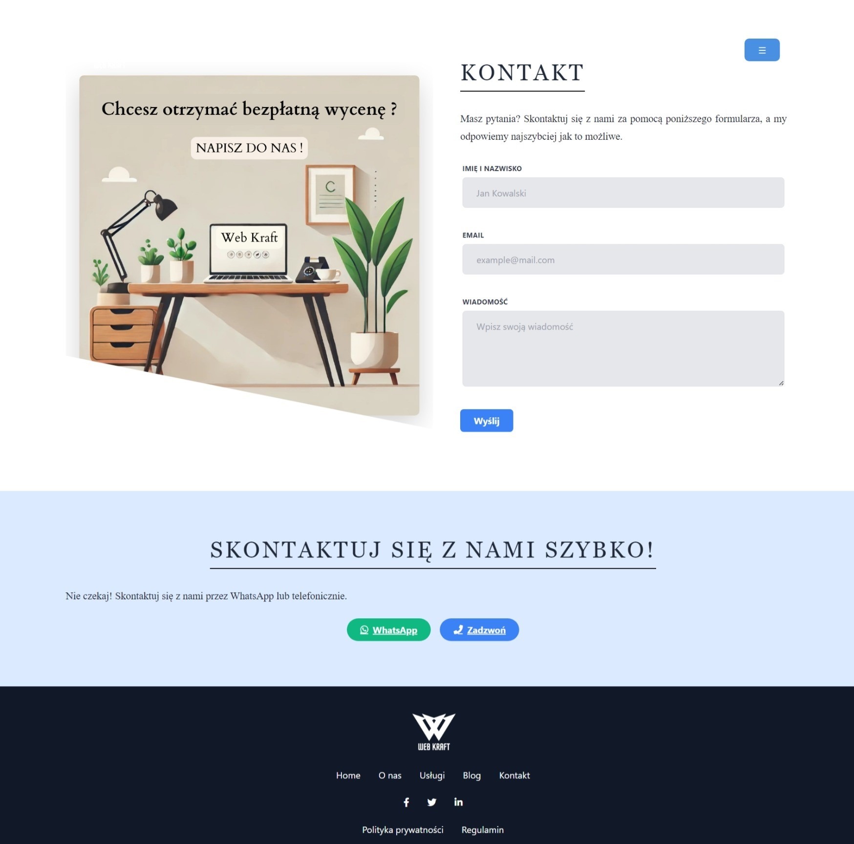 Ilustracja strony internetowej z hasłem 'Chcesz otrzymać bezpłatną wycenę? Napisz do nas!', przedstawiająca biurko z laptopem, lampką i roślinami.