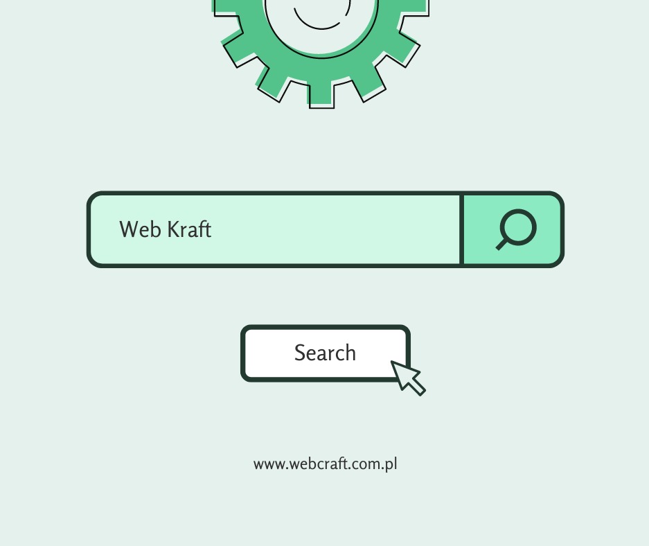 Ilustracja przedstawia graficzny interfejs wyszukiwarki z polem tekstowym 'Web Kraft', ikoną lupy i przyciskiem 'Search', zwieńczony schematycznym kołem zębatym, na jasnym tle z adresem strony...