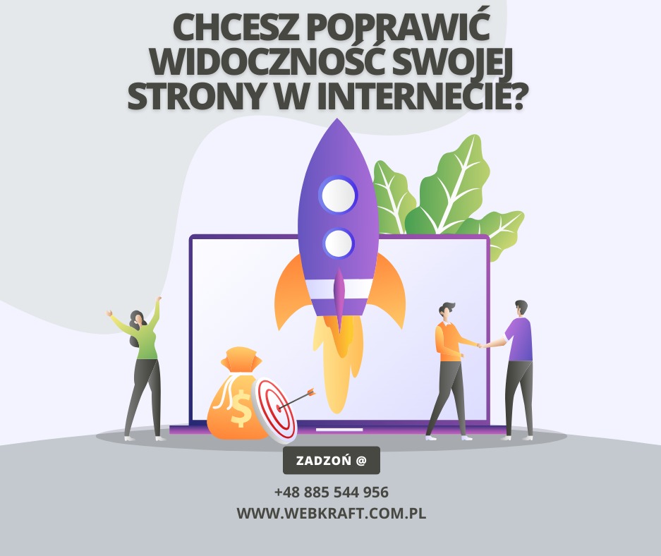 Ilustracja koncepcyjna: Rakieta startująca z ekranu laptopa, symbolizująca wzrost widoczności strony internetowej, obok worek z pieniędzmi i tarcza z wbita strzałą, a w tle dwie postacie witające...
