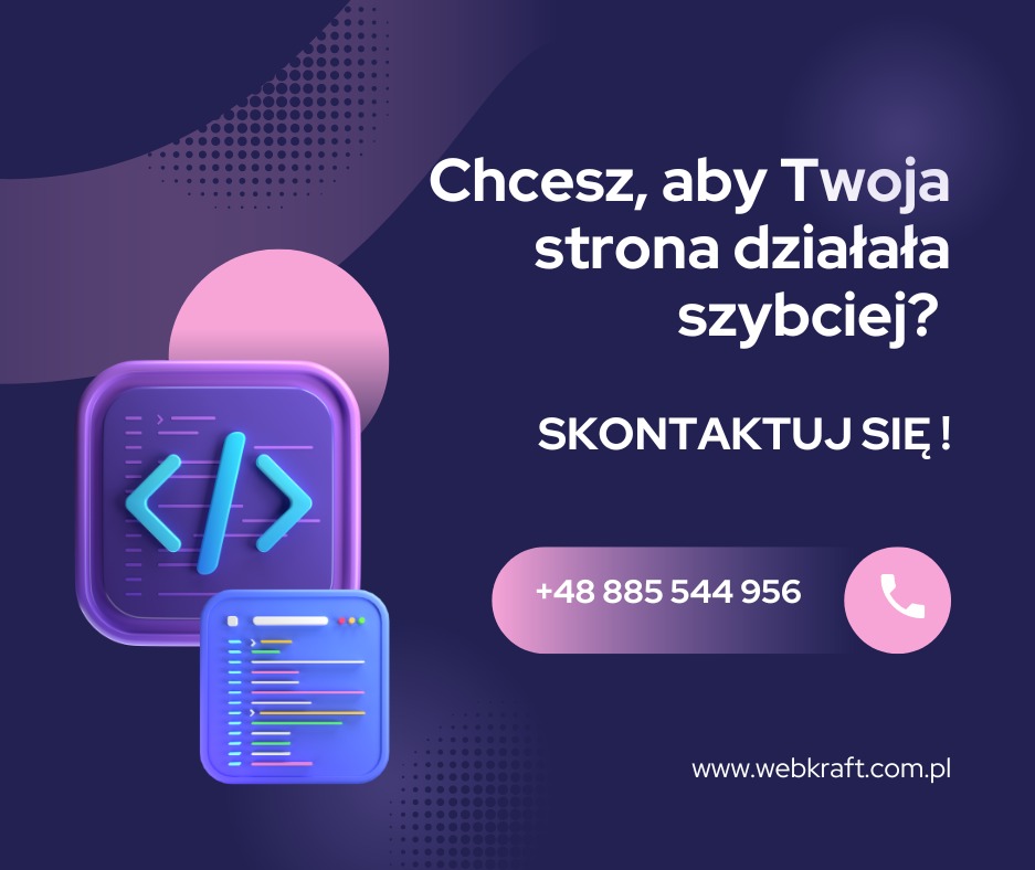 Grafika reklamowa z ikonami kodu i tekstem zachęcającym do kontaktu w sprawie przyspieszenia działania strony internetowej, numer telefonu i adres strony www firmy.