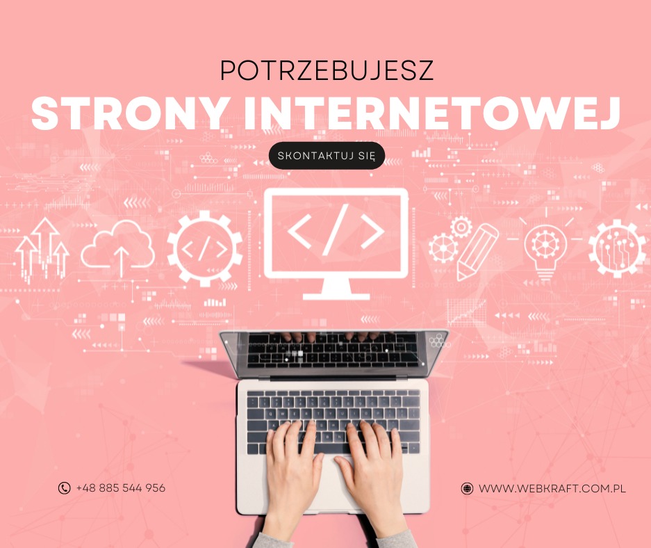 Dłonie piszą na laptopie z otwartą klapą, na tle grafiki z ikonami kodu, chmury, żarówki i napisem 'Potrzebujesz strony internetowej', w pastelowych różach.
