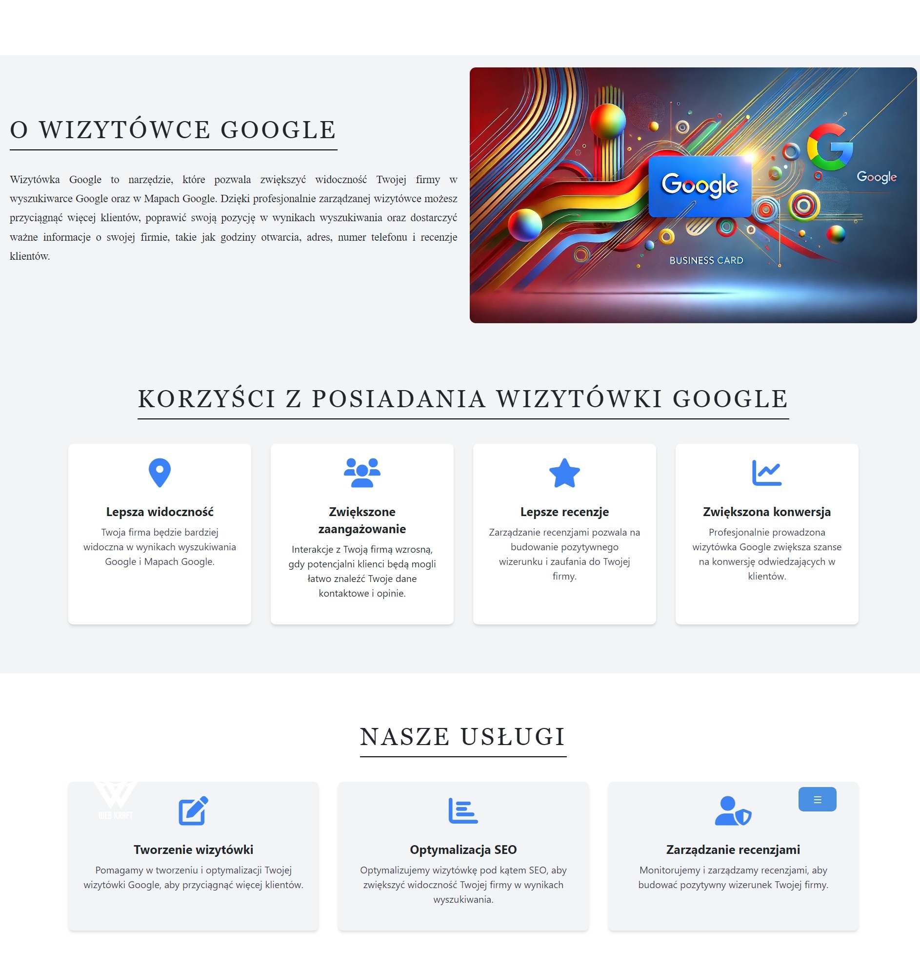 Graficzna reprezentacja wizytówki Google z logo Google i napisem 'BUSINESS CARD' na tle abstrakcyjnych, kolorowych linii i kształtów, ilustrująca korzyści z posiadania wizytówki Google, takie jak...