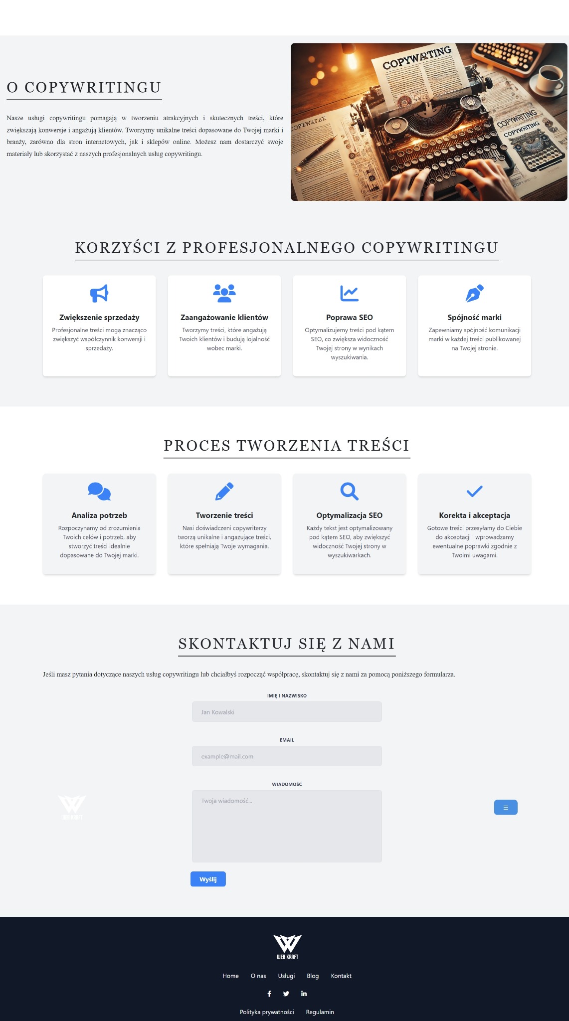 Zdjęcie przedstawia starą maszynę do pisania z kartką papieru, na której widnieje słowo 'COPYWRITING', obok stoi filiżanka kawy i leżą dokumenty, tworząc klimat pracy copywritera.