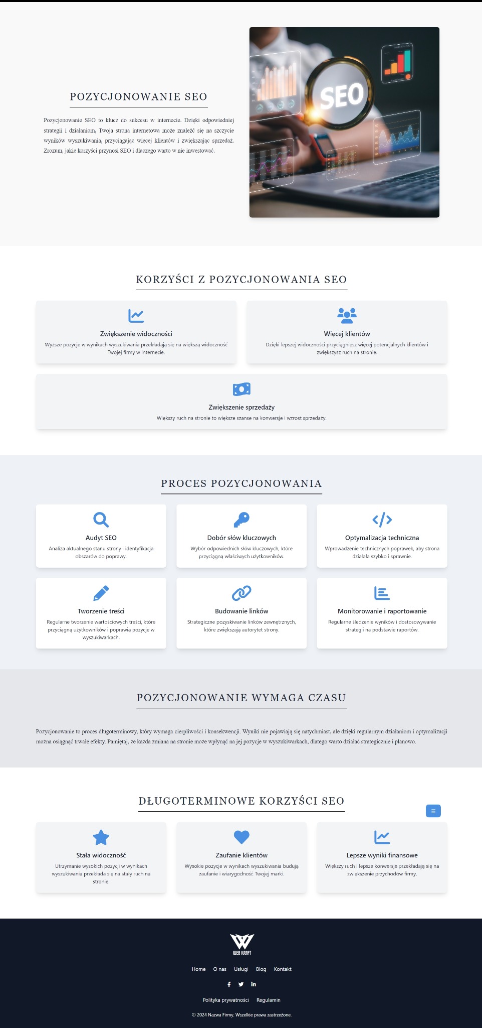 Fragment strony internetowej z nagłówkiem 'Pozycjonowanie SEO', grafiką lupy powiększającej słowo 'SEO' nad wykresami oraz opisem korzyści i procesu pozycjonowania.