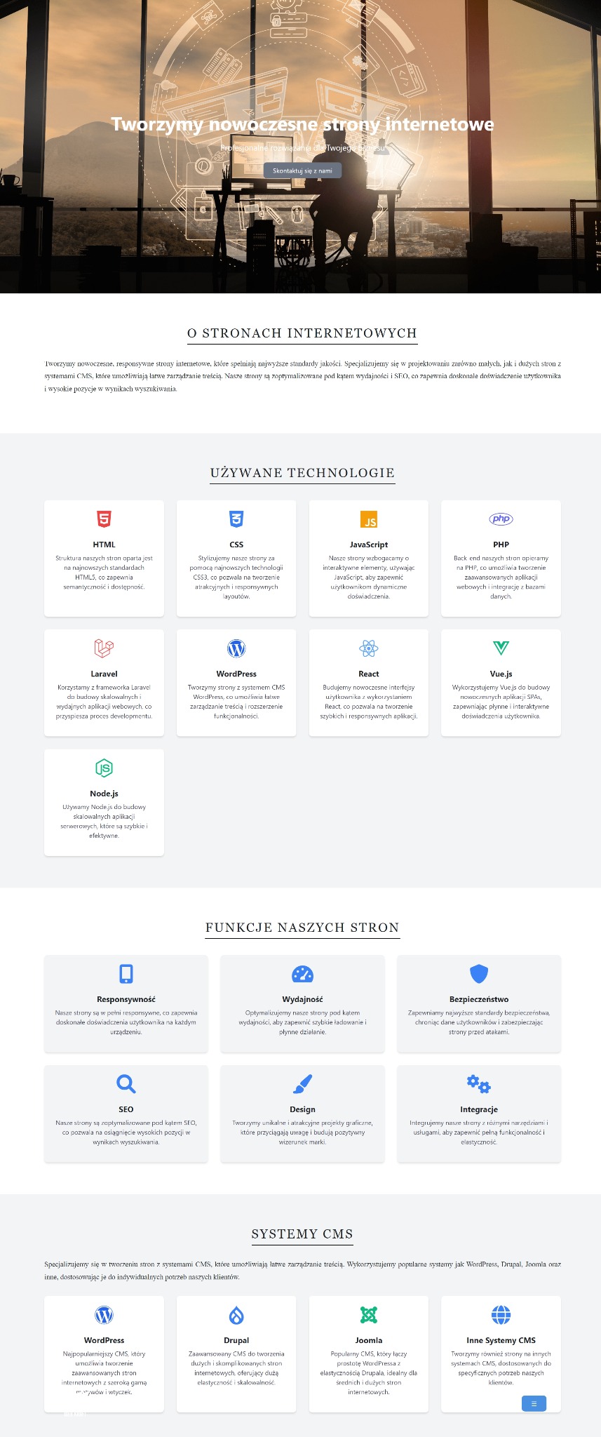 Ilustracja prezentująca ofertę tworzenia nowoczesnych stron internetowych z wykorzystaniem różnych technologii i systemów CMS, takich jak WordPress, Drupal i Joomla, na tle biurowego wnętrza...