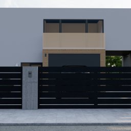 PPHU Droma Pawłowski Roman - Nowoczesna, czarna brama wjazdowa z poziomymi panelami, osadzona na betonowych słupkach, z domofonem i skrzynką na listy, na tle minimalistycznego domu z garażem.