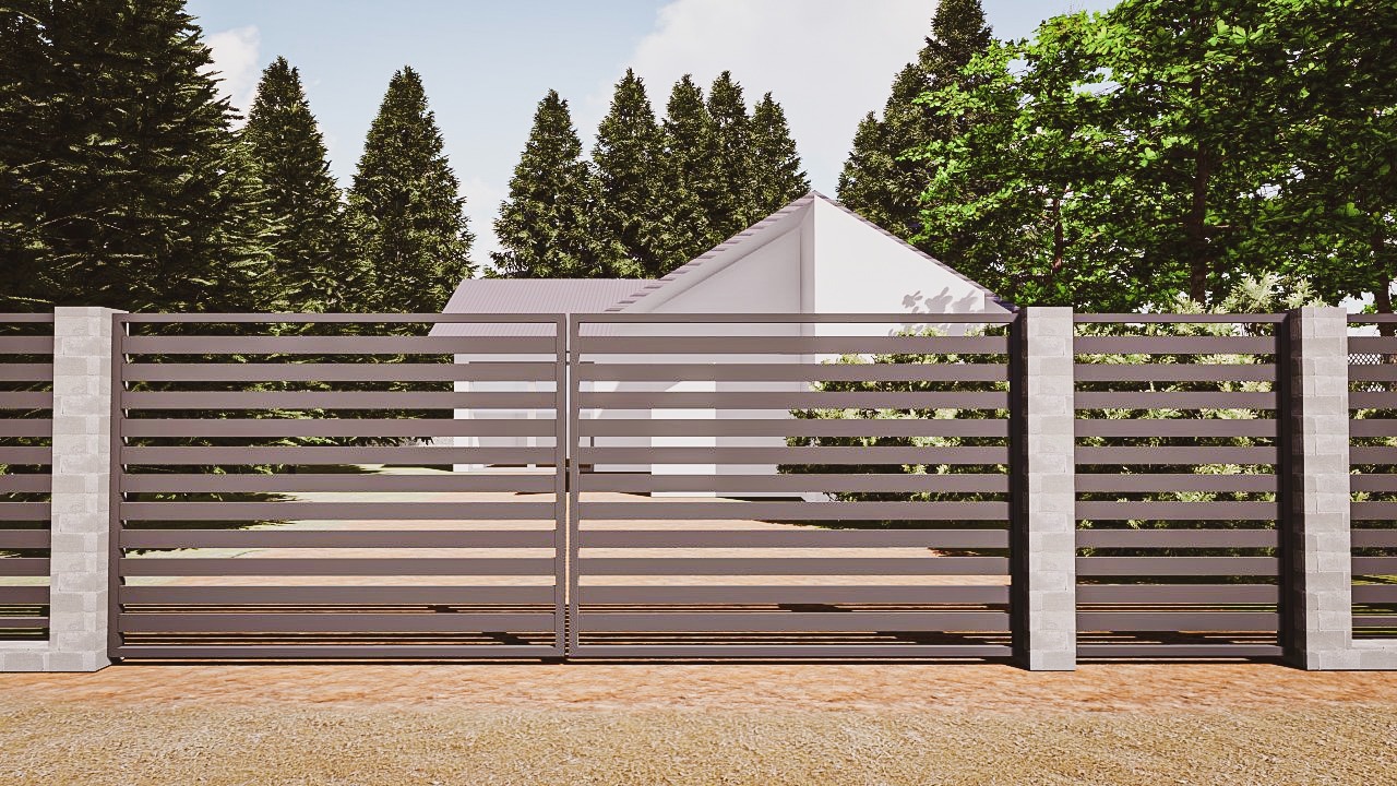 Nowoczesna brama wjazdowa z poziomych paneli w odcieniach szarości, osadzona na betonowych słupkach, w tle widoczny dom i drzewa.