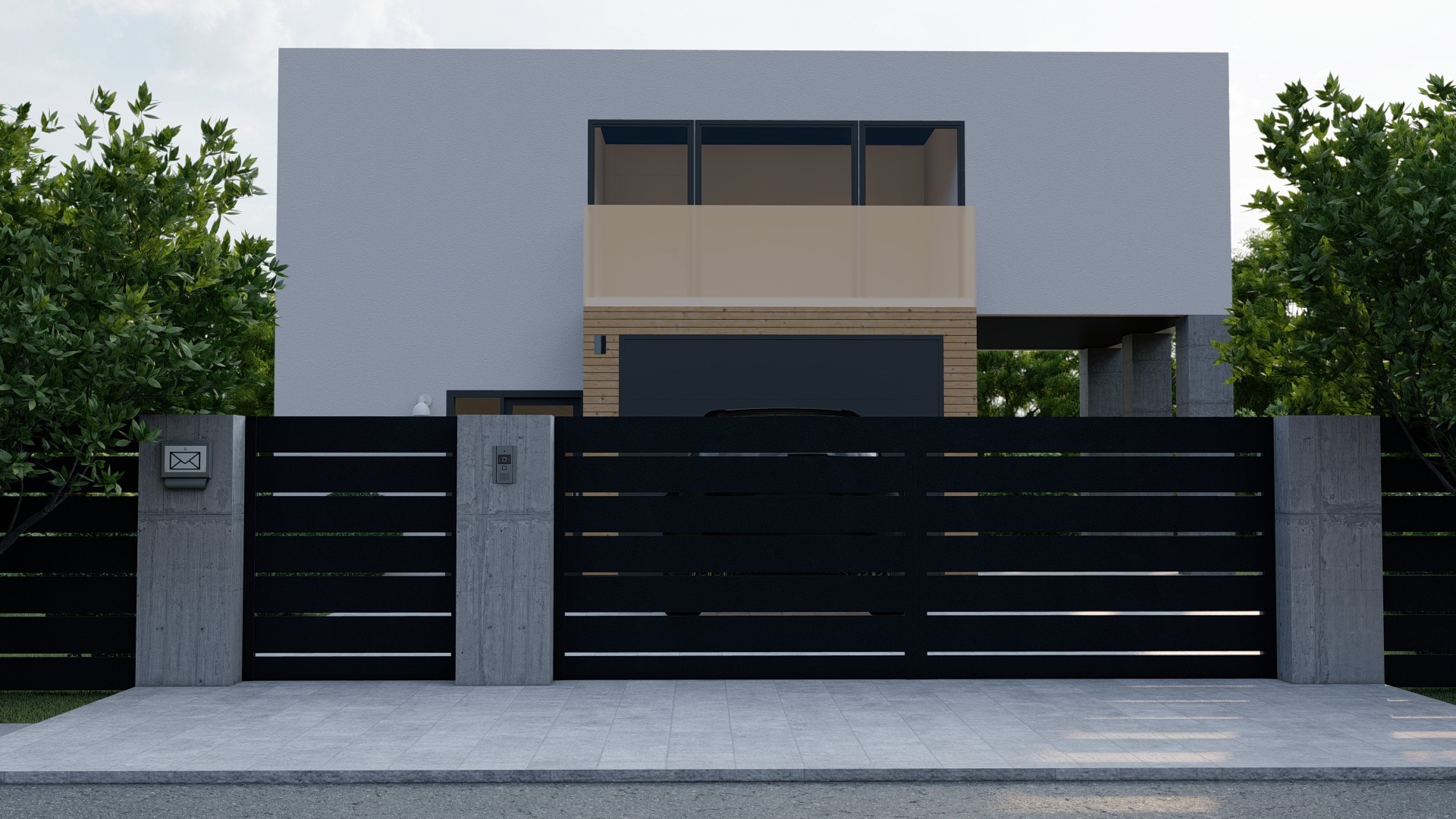 Nowoczesna, czarna brama wjazdowa z poziomymi panelami, osadzona na betonowych słupkach, z domofonem i skrzynką na listy, na tle minimalistycznego domu z garażem.