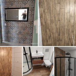 Mar bud - Wykończona łazienka w Bolesławcu z kabiną prysznicową, umywalką i toaletą. Na ścianach płytki imitujące drewno i wzorzyste, z ramą lustra.