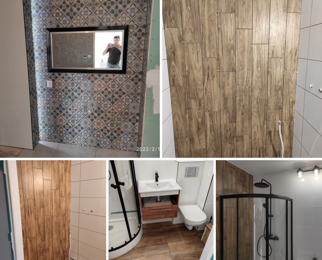 Wykończona łazienka w Bolesławcu z kabiną prysznicową, umywalką i toaletą. Na ścianach płytki imitujące drewno i wzorzyste, z ramą lustra.