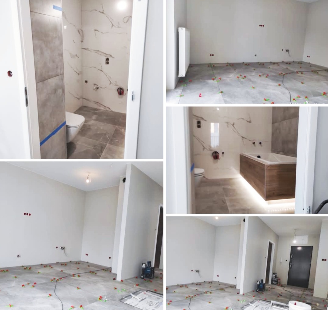 Mozaika zdjęć z remontu łazienki: układanie płytek podłogowych z użyciem klipsów, wykończona toaleta z marmurowymi płytkami i drewnianą obudową wanny.
