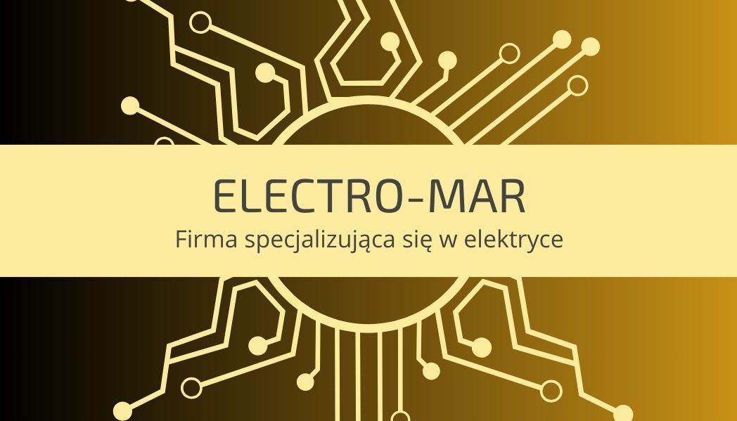 Logo firmy ELECTRO-MAR specjalizującej się w elektryce, z motywem układu scalonego w kolorach złota i czerni.