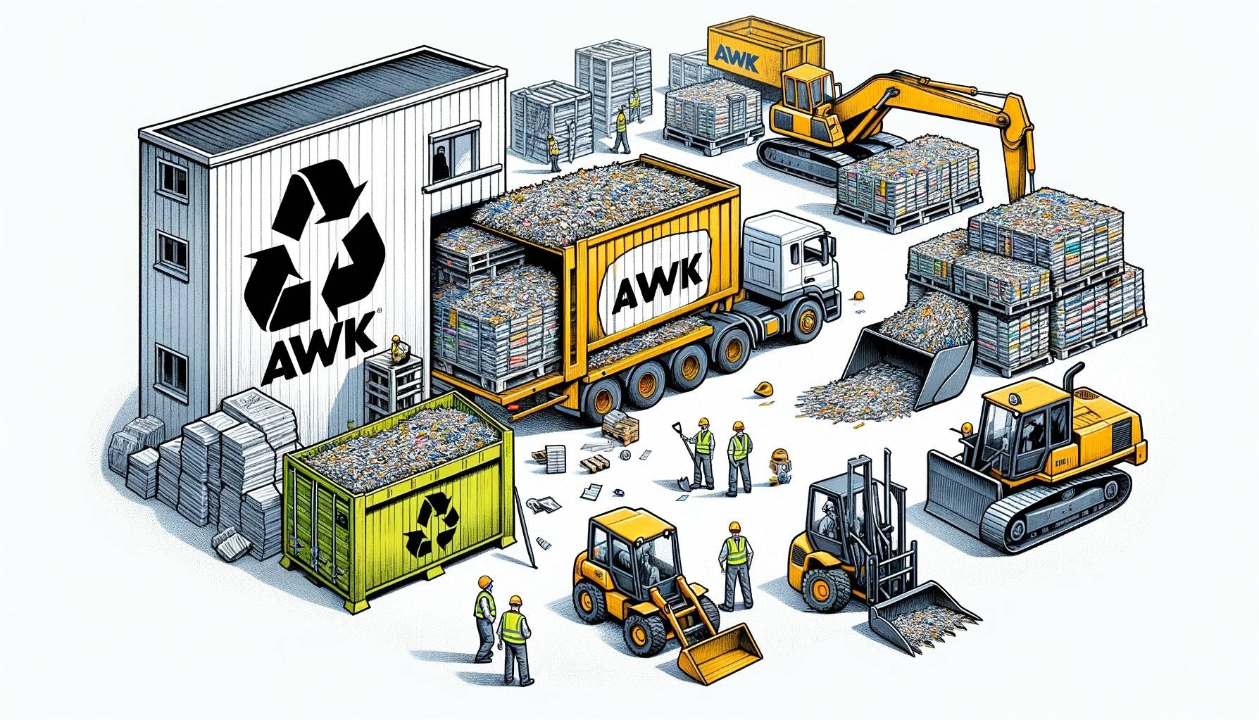 Ilustracja przedstawiająca proces niszczenia dokumentów, z budynkiem oznaczonym symbolem recyklingu i logo AWK, ciężarówką wypełnioną dokumentami, kontenerem, maszynami budowlanymi i pracownikami...