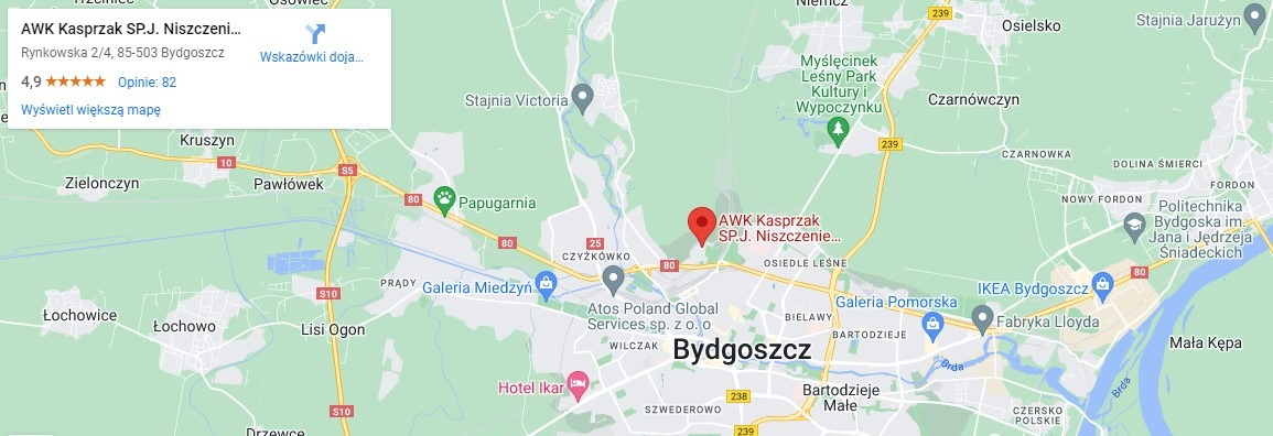 Mapa Bydgoszczy z zaznaczoną lokalizacją firmy AWK Kasprzak SP.J. Niszczenie Dokumentów na czerwonym znaczniku.