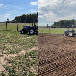 Równa trawka - Porównanie terenu przed i po niwelacji, z widocznym traktorem w tle, ogrodzenie z siatki.
