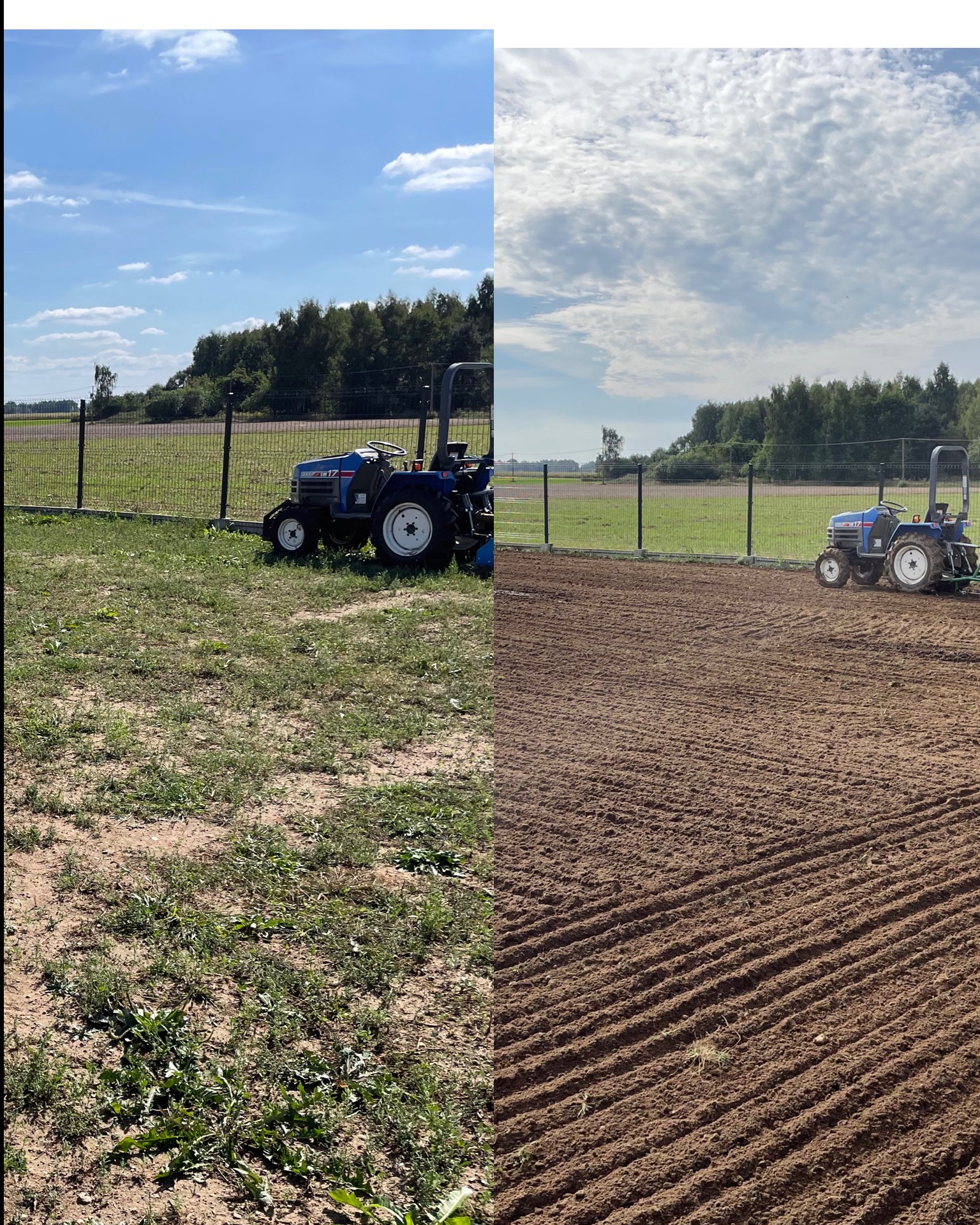 Porównanie terenu przed i po niwelacji, z widocznym traktorem w tle, ogrodzenie z siatki.