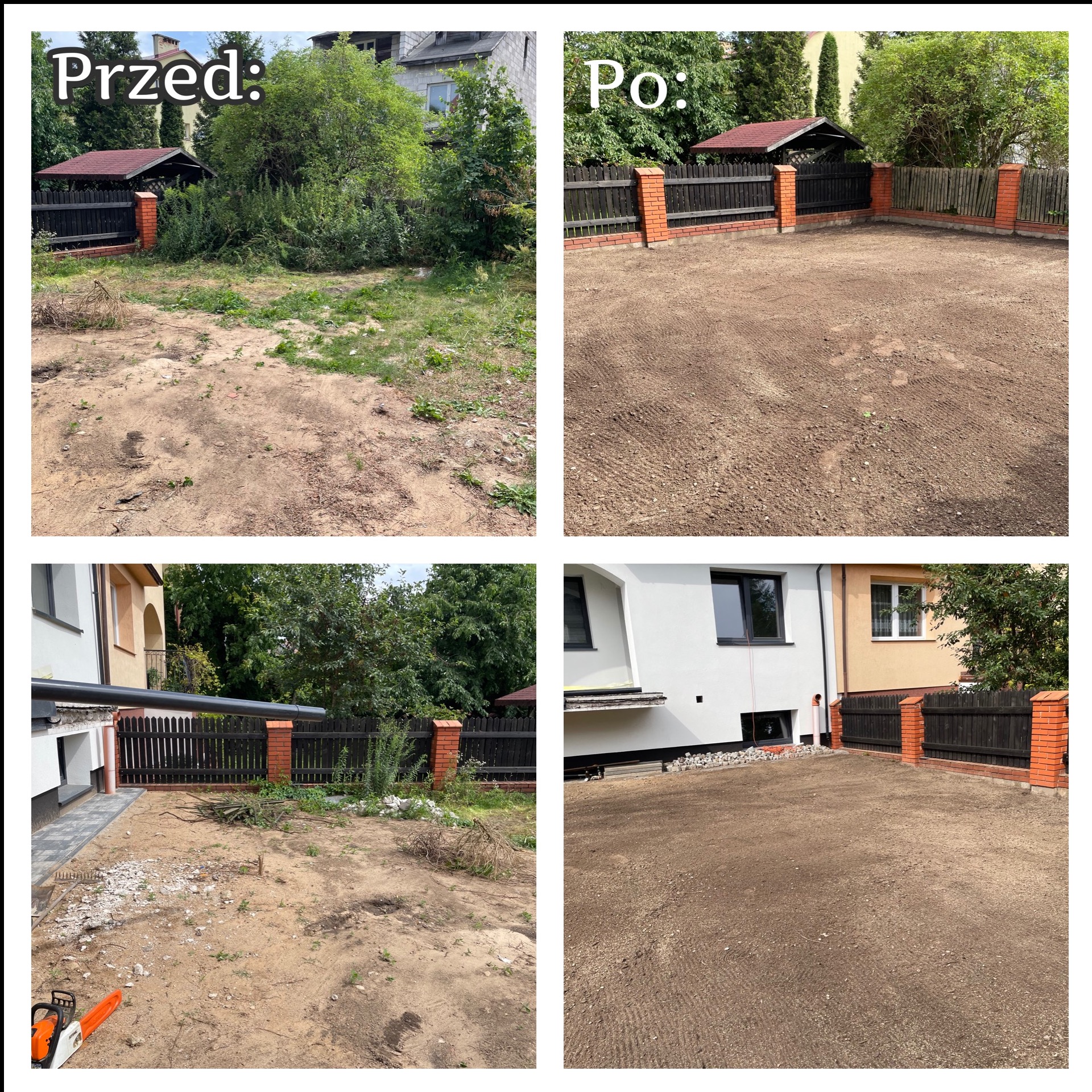 Porównanie terenu przed i po wyrównaniu, z widoczną glebą przygotowaną pod przyszłe prace ogrodowe i uporządkowanym otoczeniem.
