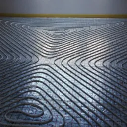 Białe rury ogrzewania podłogowego ułożone w spiralny wzór na folii izolacyjnej z siatką, widoczne w nowym pomieszczeniu z żółtą taśmą przy ścianach.