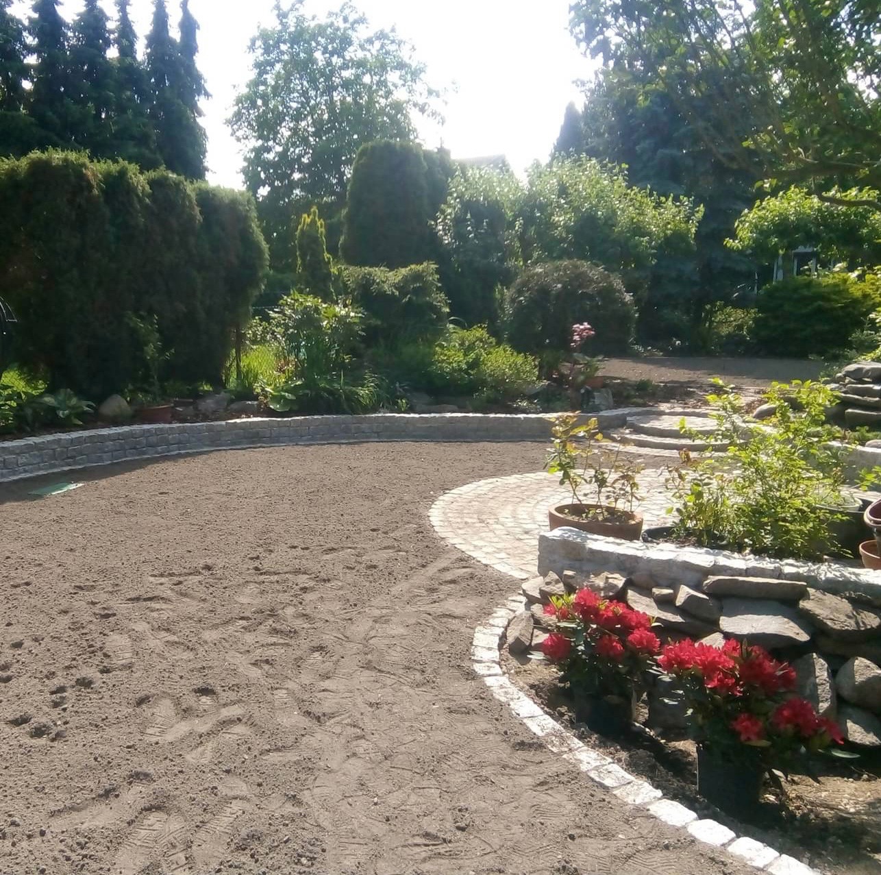 Przygotowany teren pod ułożenie nawierzchni z obrzeżami z kostki granitowej i elementami dekoracyjnymi z kamienia oraz roślinami.