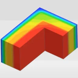 Model 3D budynku w kształcie litery L z naniesioną mapą termiczną, ukazującą rozkład temperatury od czerwieni (ciepło) do błękitu (zimno).