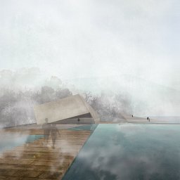 Archi Analysis - Wizualizacja nowoczesnego budynku z betonu, z elementami drewna i basenem, otoczonego mglistym lasem i górami w tle.