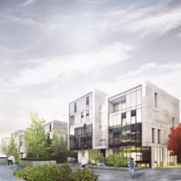 Wizualizacja kompleksu budynków usługowych z elewacją z betonu architektonicznego i dużymi przeszkleniami, otoczonego zielenią i pieszymi.