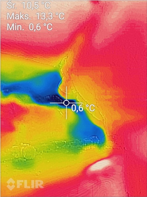 Termowizyjne zdjęcie fragmentu budynku, z zaznaczonym punktem o temperaturze 0,6°C, widoczne wartości minimalnej, średniej i maksymalnej temperatury oraz logo FLIR.