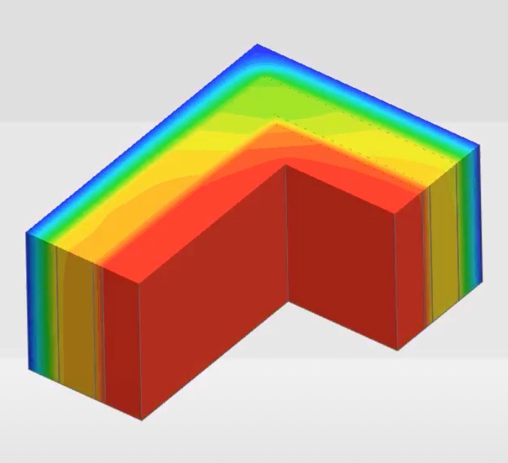 Model 3D budynku w kształcie litery L z naniesioną mapą termiczną, ukazującą rozkład temperatury od czerwieni (ciepło) do błękitu (zimno).