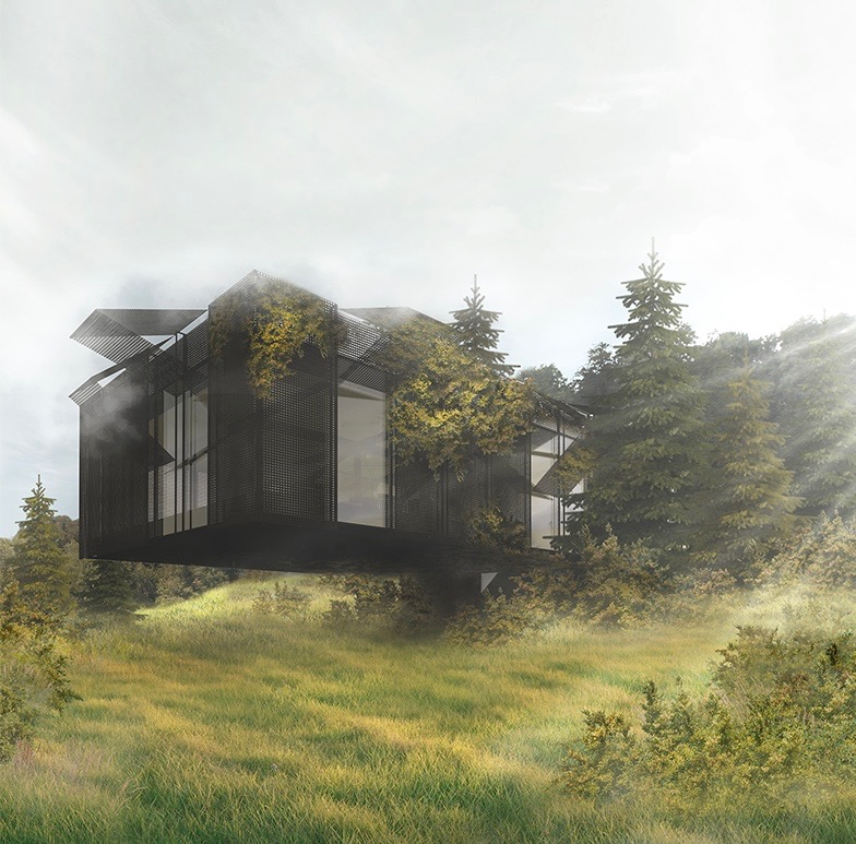 Wizualizacja nowoczesnego, czarnego domu z perforowanej blachy, częściowo porośniętego zielenią, umieszczonego w leśnej scenerii z mgłą w tle.