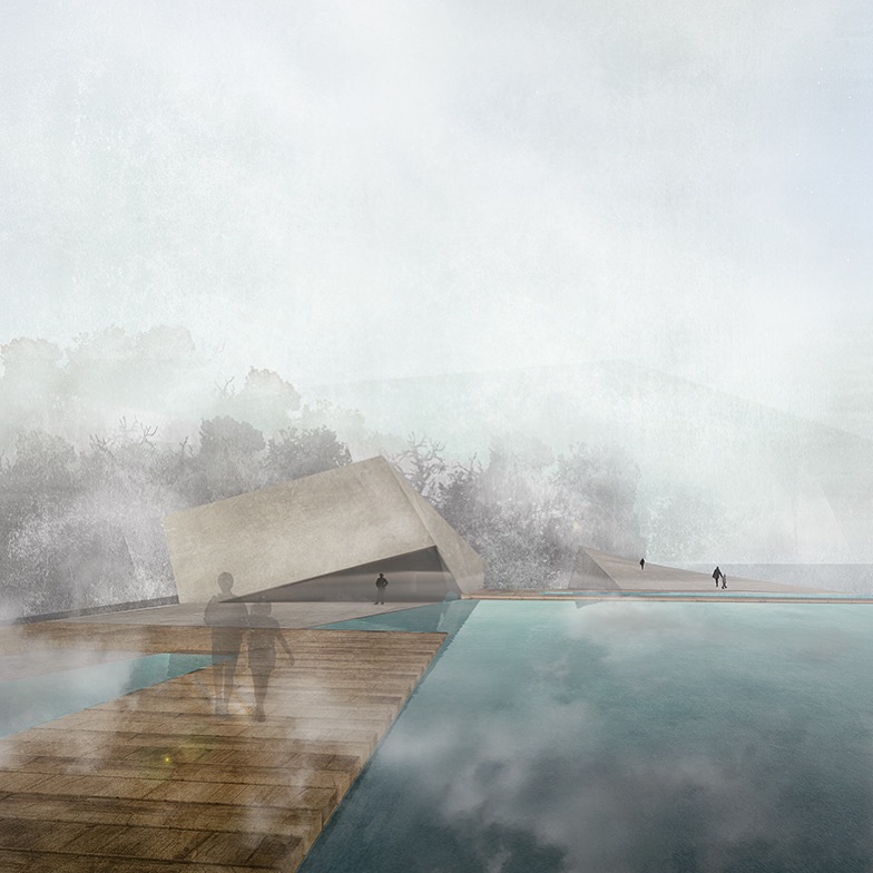 Wizualizacja nowoczesnego budynku z betonu, z elementami drewna i basenem, otoczonego mglistym lasem i górami w tle.
