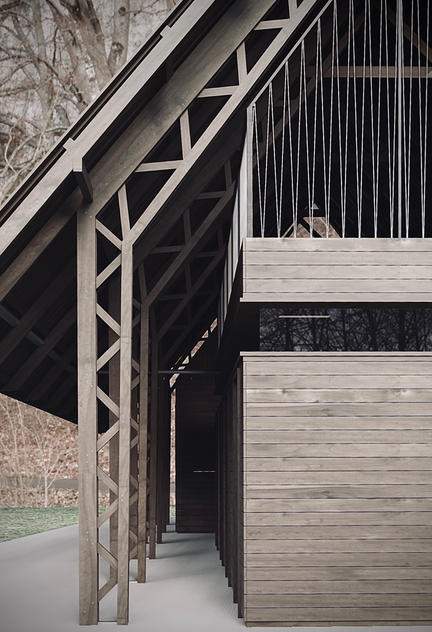 Wizualizacja zewnętrzna budynku z drewnianą konstrukcją nośną, elewacją z desek i balkonem z pionowymi prętami.