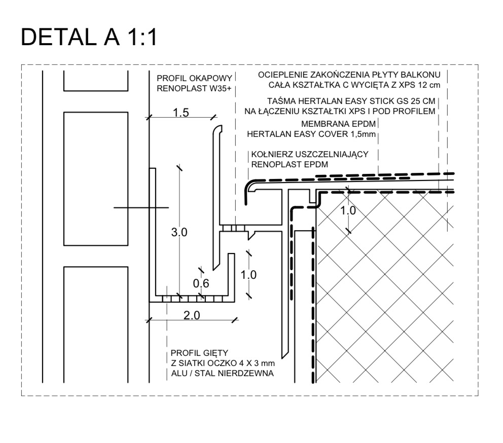 Schemat techniczny detalu wykończenia balkonu, przekrój prezentujący profil okapowy Renoplast W35+, ocieplenie zakończenia płyty balkonu z kształtką XPS, taśmą HERTALAN Easy Stick GS 25 cm...