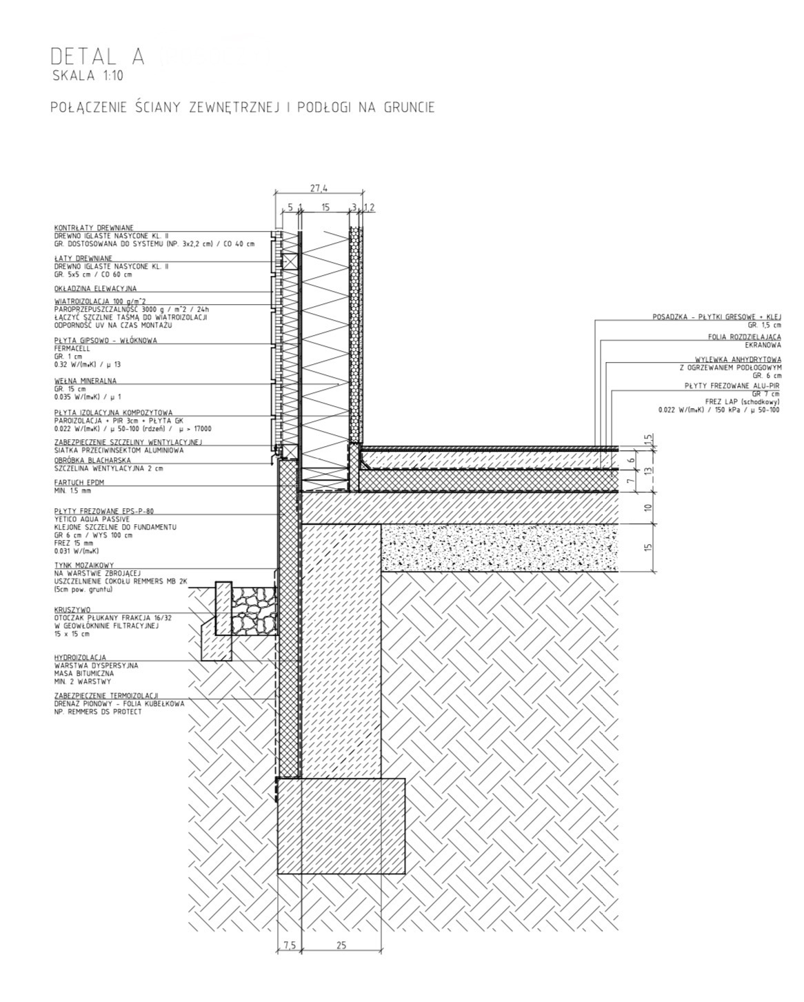 Schemat połączenia ściany zewnętrznej i podłogi na gruncie, ukazujący warstwy izolacyjne, hydroizolację, fundament, okładzinę elewacyjną i posadzkę z płytek gresowych, z detalami technicznymi...