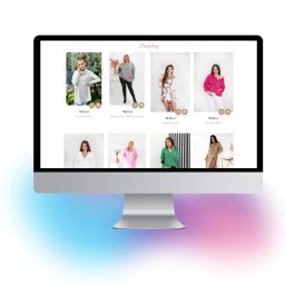 LIONLINE - Ekran monitora iMac wyświetlający stronę sklepu internetowego z odzieżą damską, prezentującą różnorodne swetry i poncza w cenie 110 zł, z logo 'Bestsellery' w górnej części.