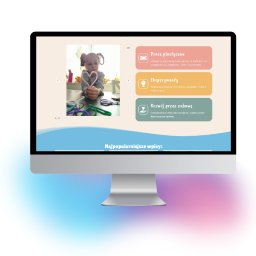 LIONLINE - Ekran komputera wyświetlający stronę internetową z artykułem o pracach plastycznych dla dzieci, prezentującym dziewczynkę trzymającą serce z drucika kreatywnego.