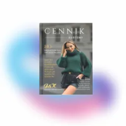 Okładka katalogu hurtowego odzieży damskiej J&K z modelką w zielonym swetrze i skórzanych szortach, na tle tekstu z ofertą produktów: swetry, golfy, kardigany, poncza, zestawy, płaszcze, narzutki...