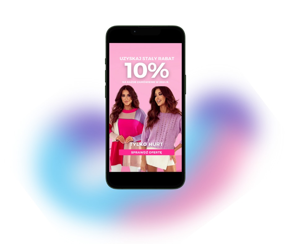 Ekran smartfona prezentujący reklamę producenta odzieży z dwoma modelkami w swetrach i informacją o 10% rabacie hurtowym.