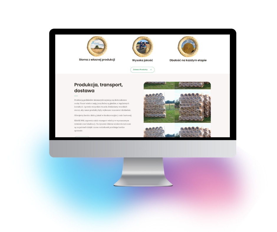 Ekran monitora wyświetlający stronę internetową firmy Kranz-Pol, prezentującą produkcję podkładów słomianych, z widocznymi zdjęciami gotowych, ułożonych na paletach wieńców słomianych na tle...