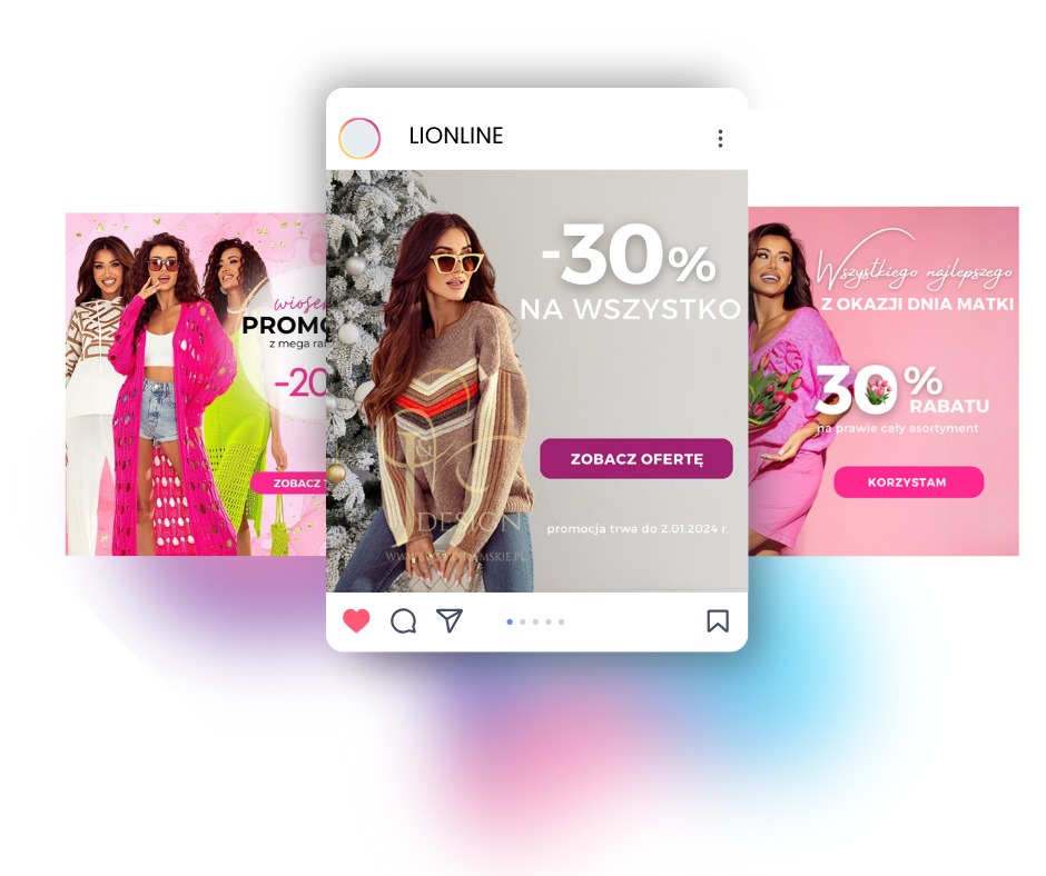 Post na Instagramie marki odzieżowej Lionline z trzema reklamami: wiosenna promocja -20%, -30% na wszystko, 30% rabatu z okazji Dnia Matki. Modelki prezentują różne stylizacje.