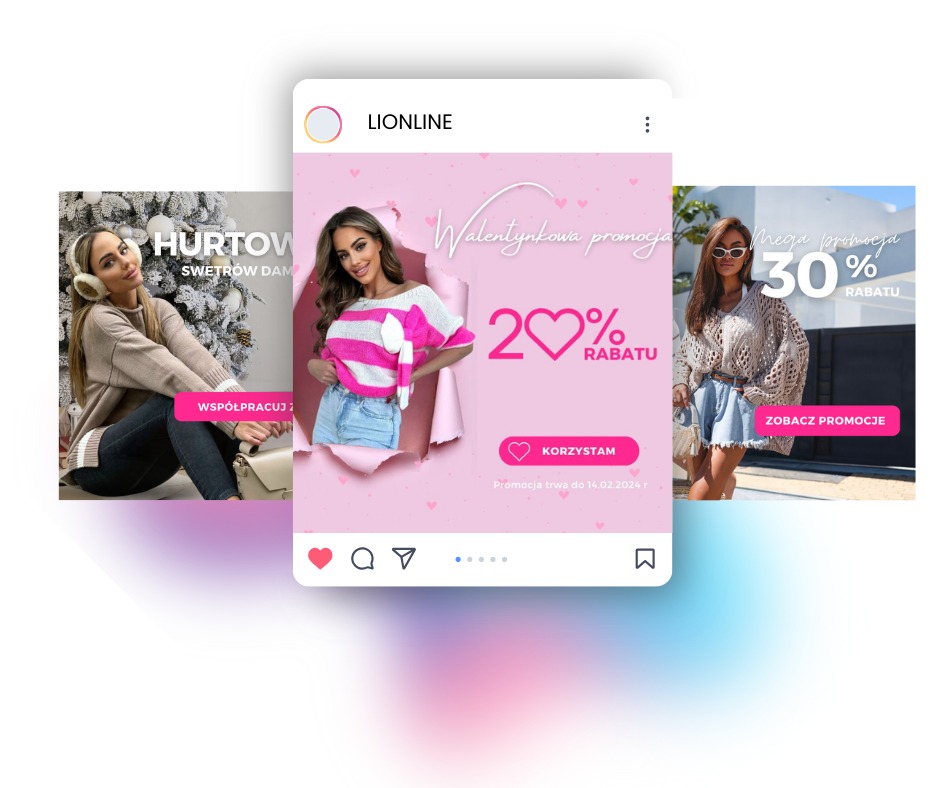 Wyświetlony na ekranie telefonu post w social mediach z promocjami odzieży damskiej, z okazji Walentynek, z użyciem różowej kolorystyki i serc.