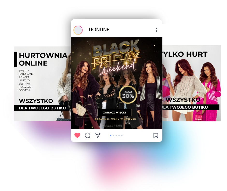 Post na Instagramie marki odzieżowej Lionline z promocją Black Friday Weekend, prezentujący modelki w różnych stylizacjach odzieżowych.