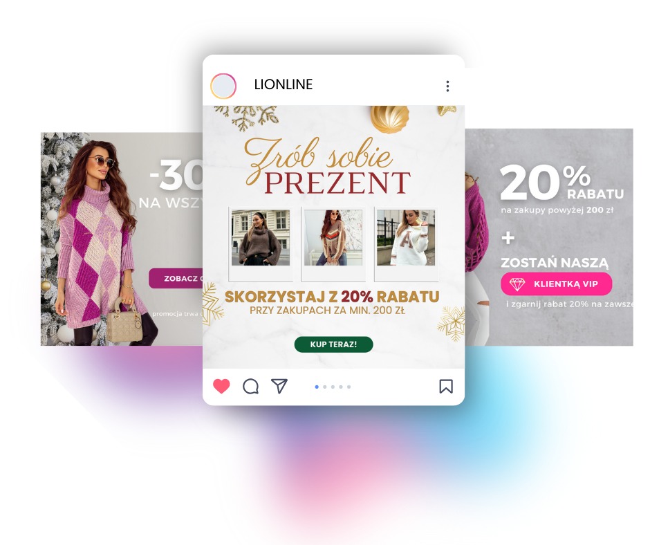 Przykład posta z Instagrama marki odzieżowej Lionline z ofertą rabatową na zakupy. Grafika prezentuje trzy kadry z różnymi modelkami i ubraniami, a w centralnej części znajduje się napis 'Zrób...